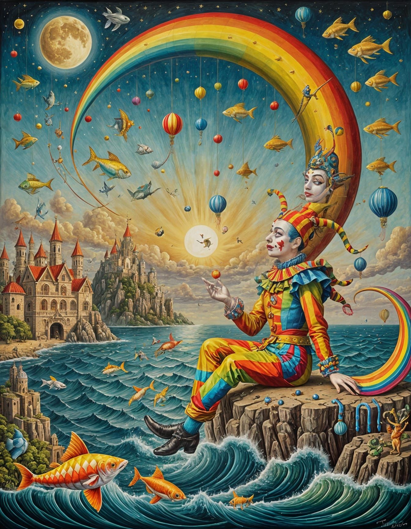 Surrealist Whimsy on a Golden Crescent Moon