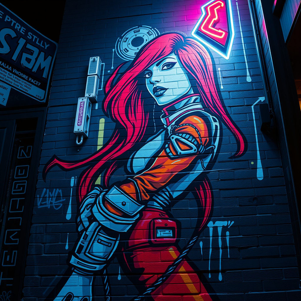 Cyberpunk Graffiti of Redhead Woman in Cityscape