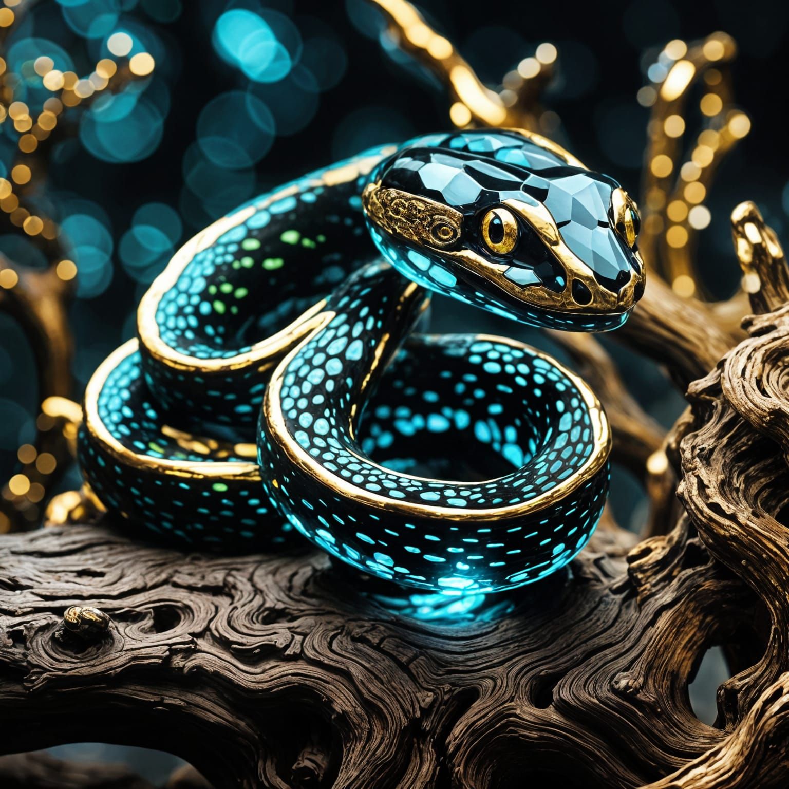 Bioluminescent Crystal Snake Sculpture on Tree Stump