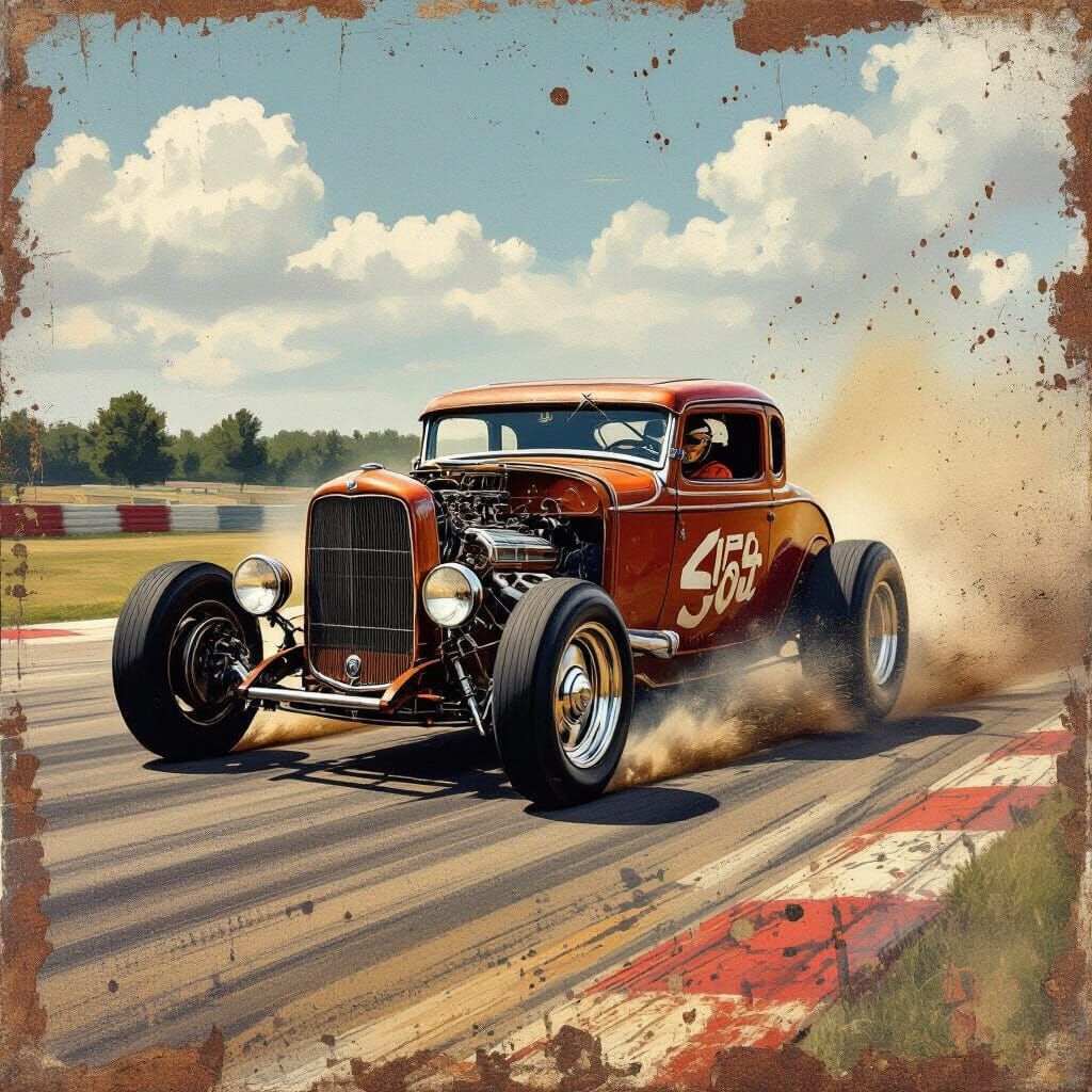 Vintage Hotrod Racing: Mixed Media Collage in Art Nouveau St...