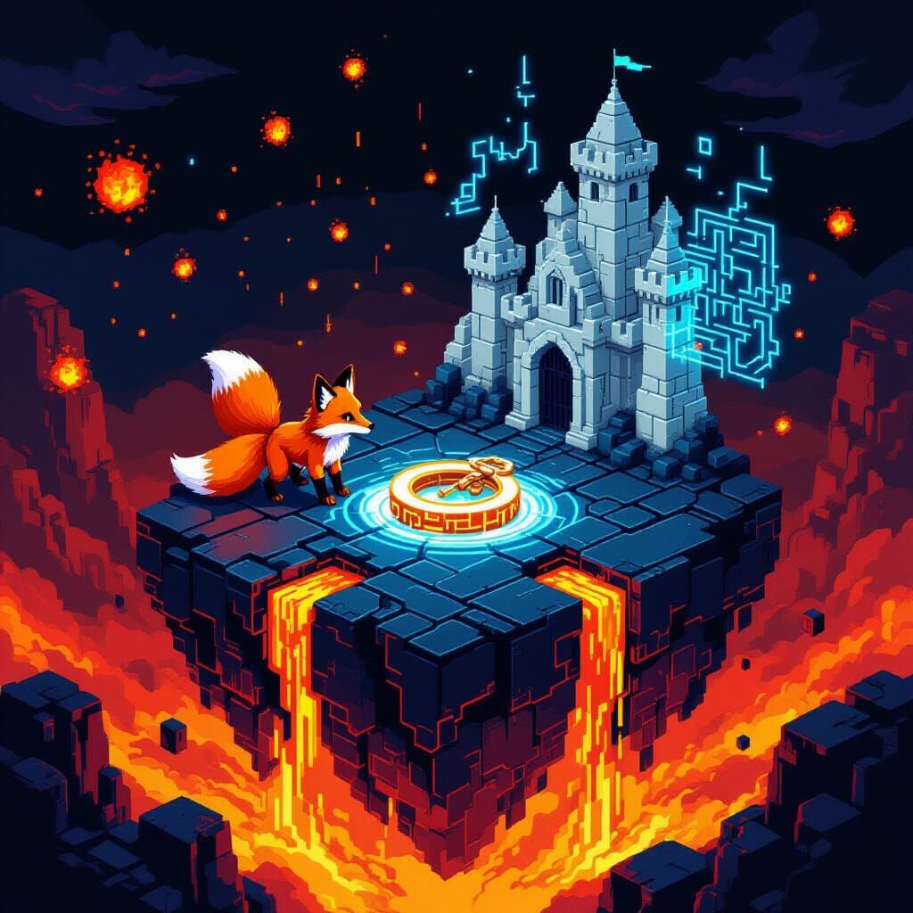 Pixel Art Robotic Fox Guards Key Amidst Dark Energy