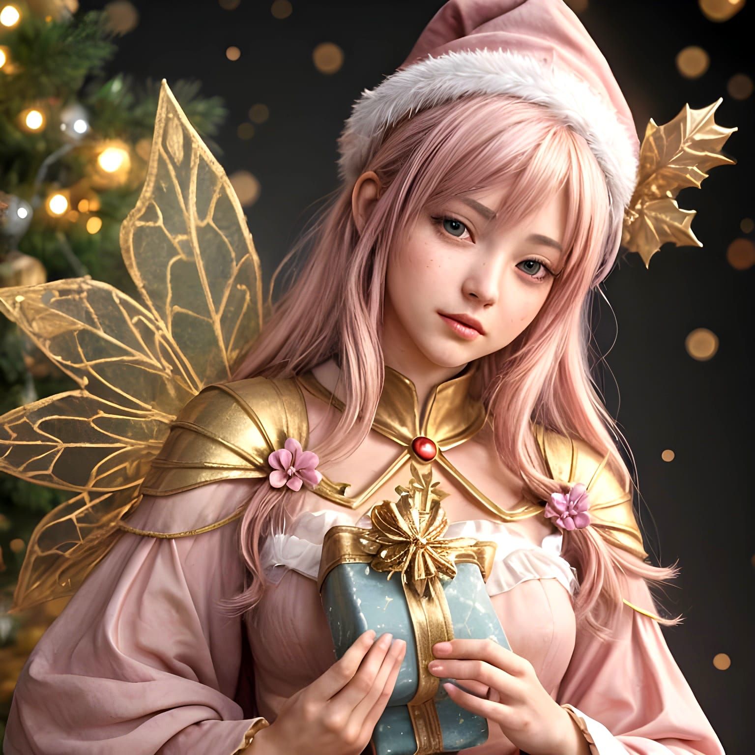 Cute Pink Christmas Fairy in Anime Style