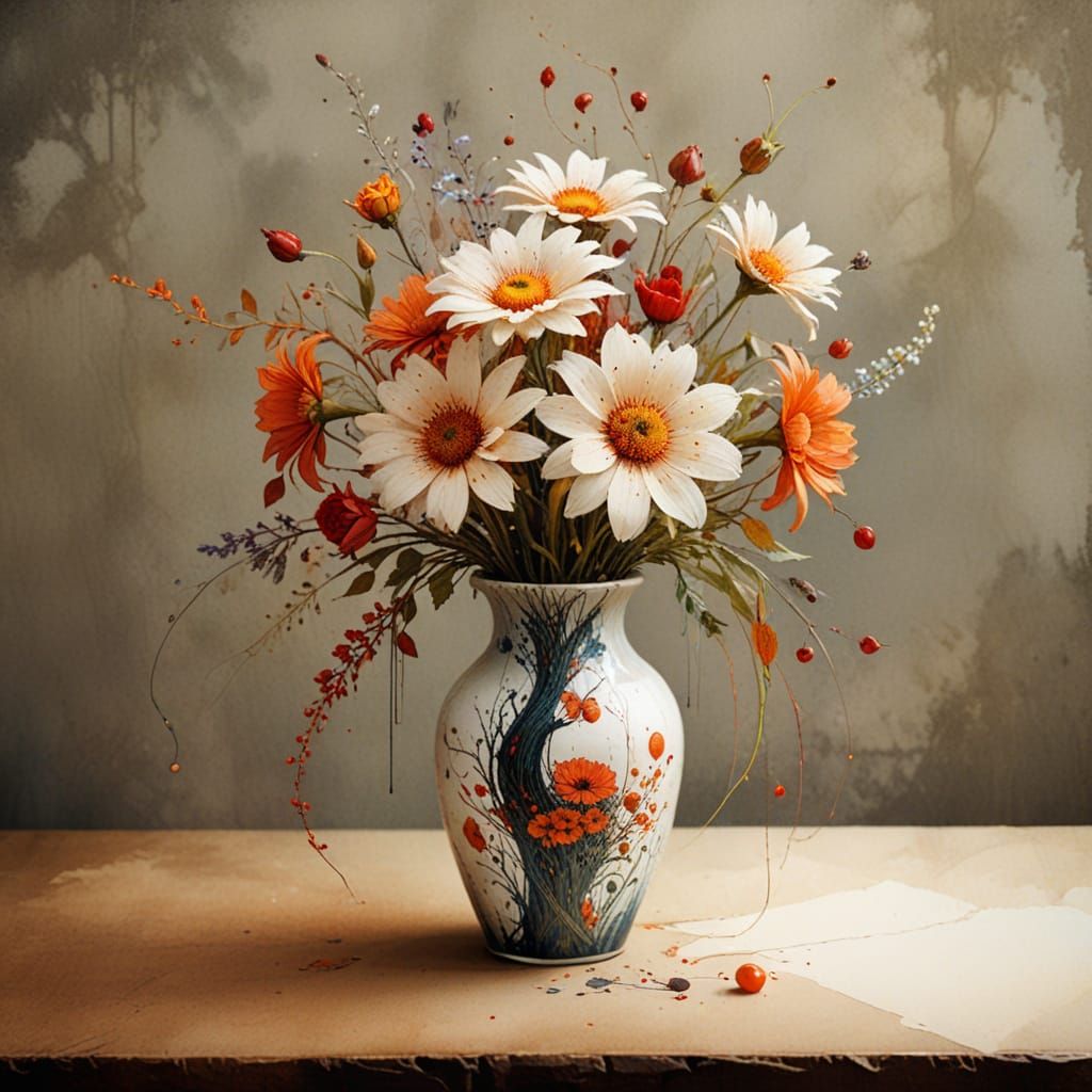 Whimsical Watercolor Vase of Red and Tangerine Flowers