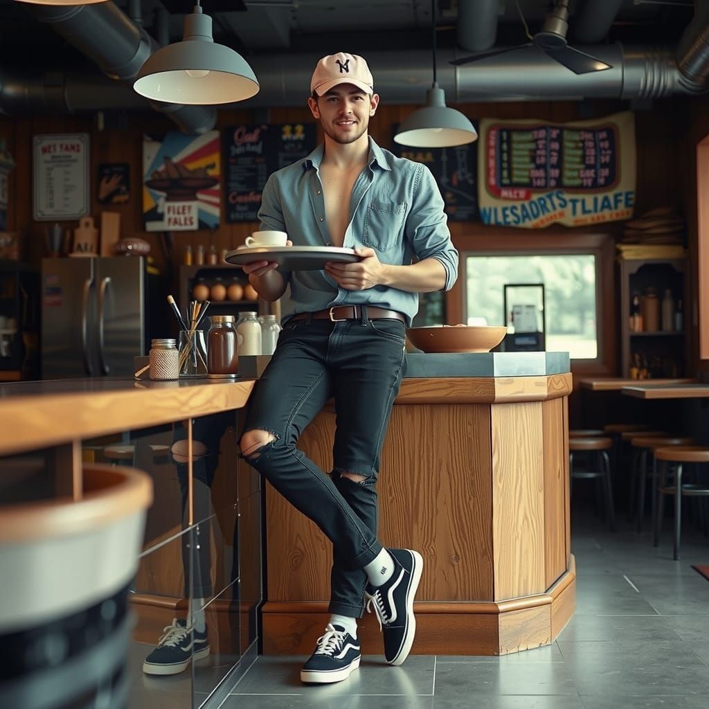 Man in Cafe Interior: Photorealistic Cinematic Moment