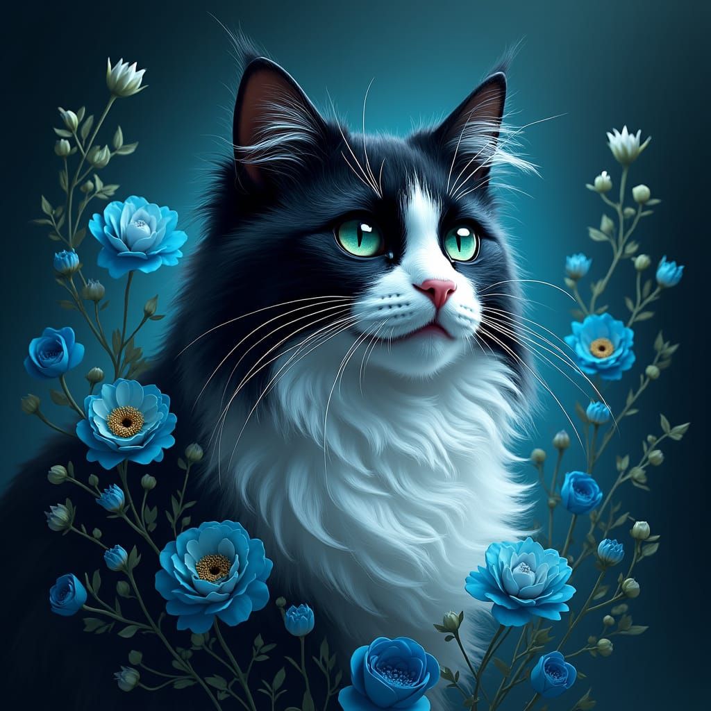 Majestic Tuxedo Cat Amidst Ethereal Flowers