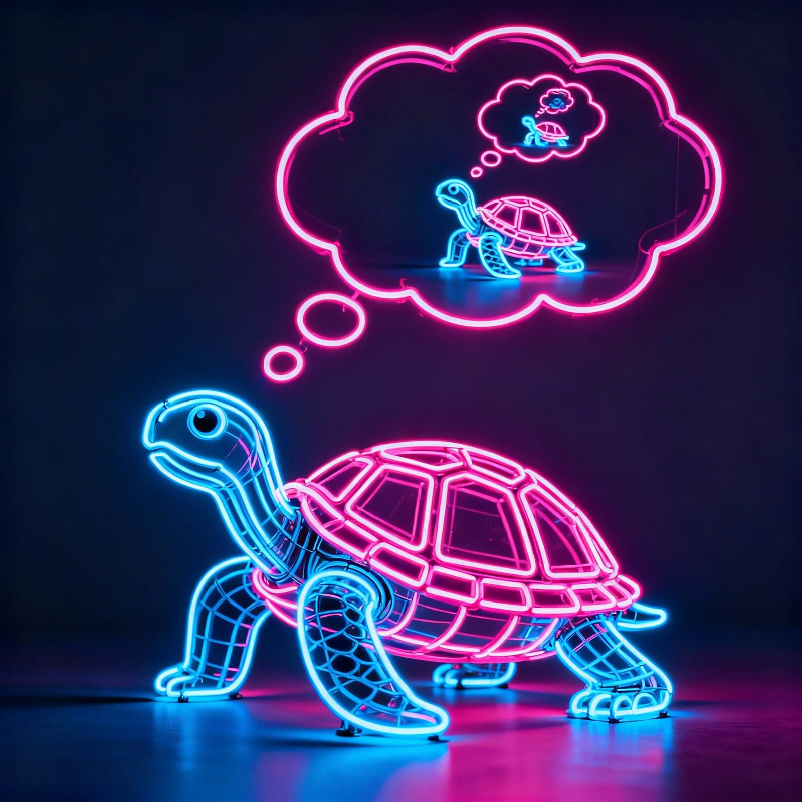 Neon Turtle Sculpture with Endless Recursive Thought Bubbles