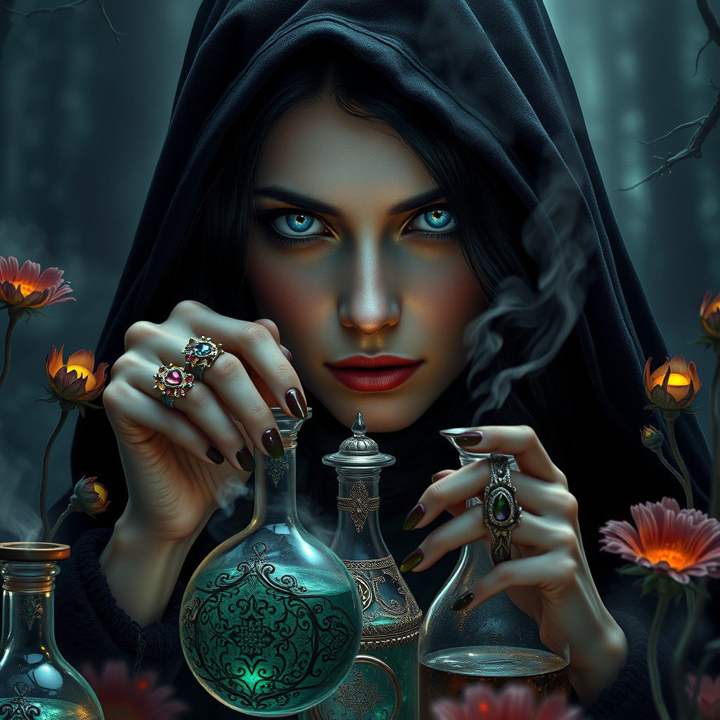 Enigmatic Witch in Misty Forest, Hyperrealistic Digital Art