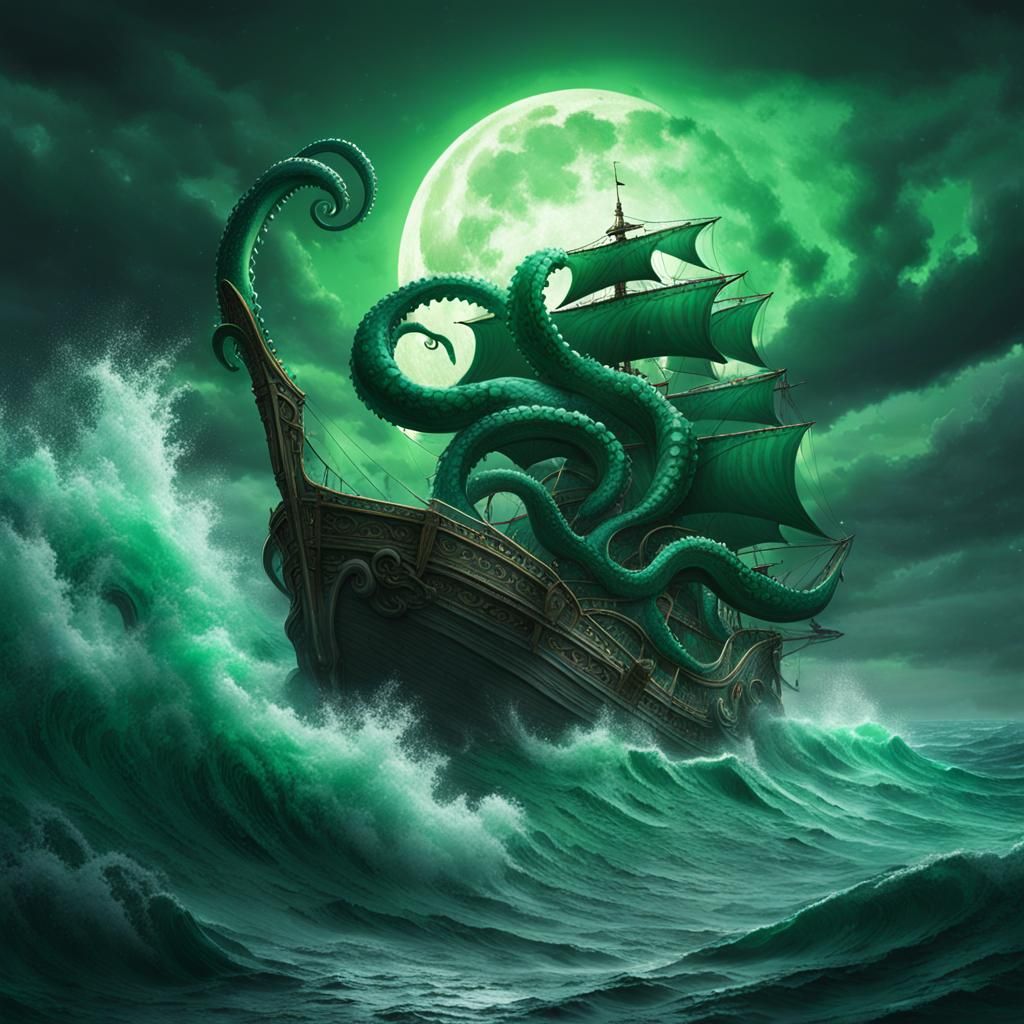 Emerald Kraken Rising: Dark Fantasy Concept Art