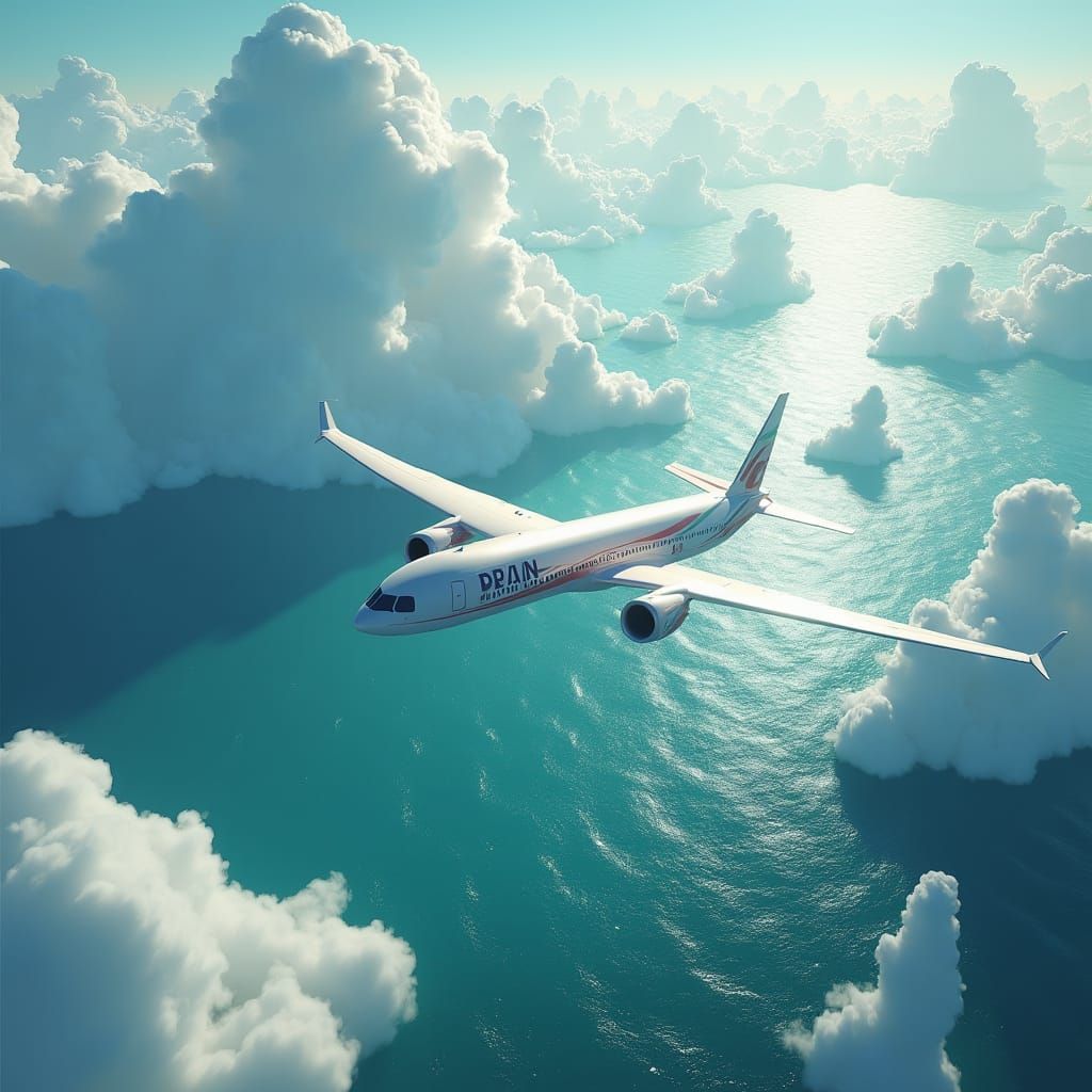 White Plane Soaring Over Turquoise Ocean