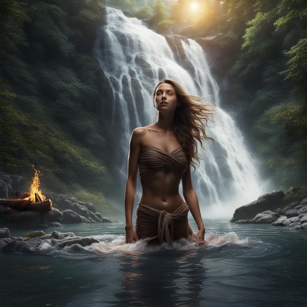 Woman Bathes in Forest Waterfall at Night