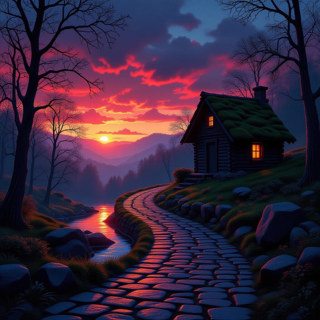 Dreamy Fantasy Cabin Path at Sunset