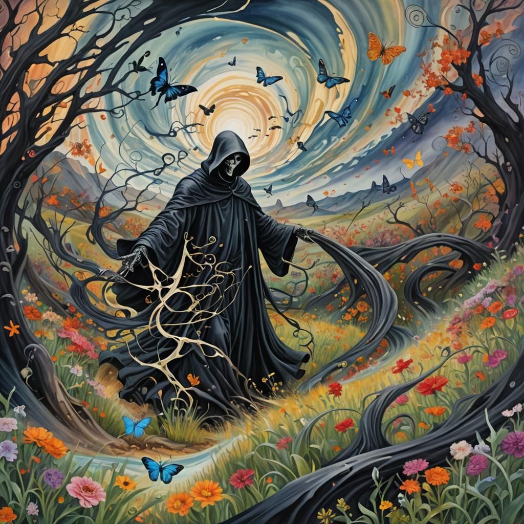 Grim Reaper in Swirling Vortex, Surrealist Dreamscape