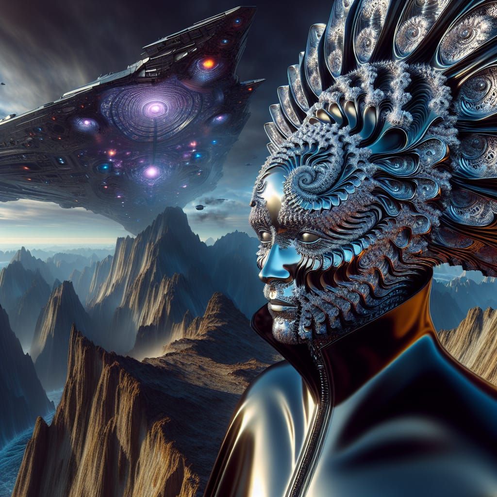 Futuristic Alien Predator on Mountain Cliff