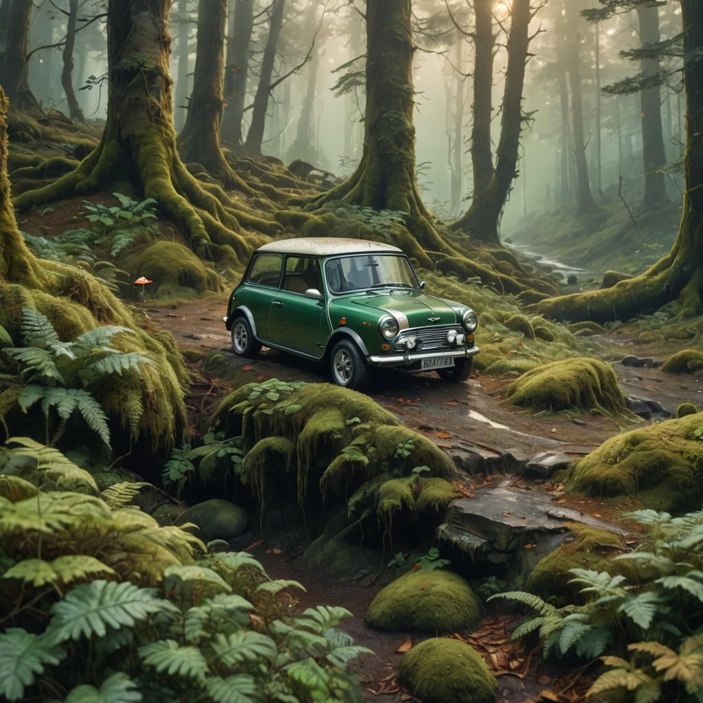Green Mini Cooper in Misty Forest, Matte Painting