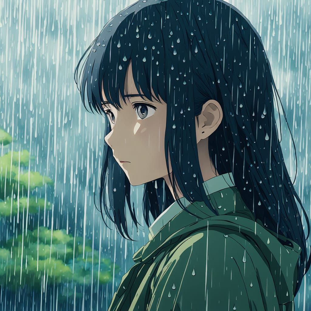 Anime Girl in Rainy Watercolor Landscape