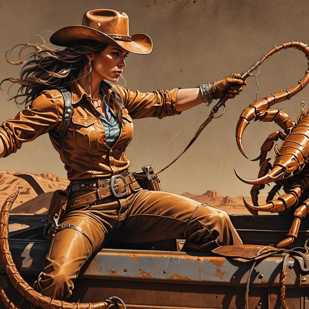 Cowgirl Lassoing Scorpion on Truck Bed, Rockwell Style