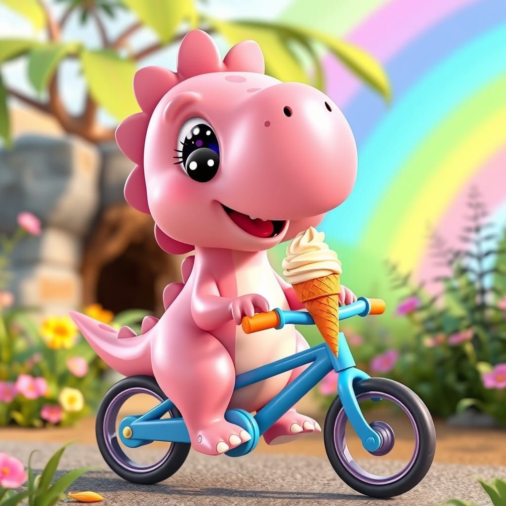 Dinosaur Rides Bicycle: Pixar-Style 3D Illustration