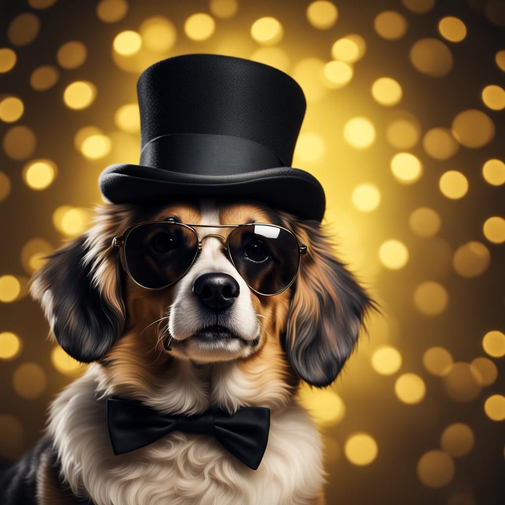 Dog in Top Hat with Yellow Lights