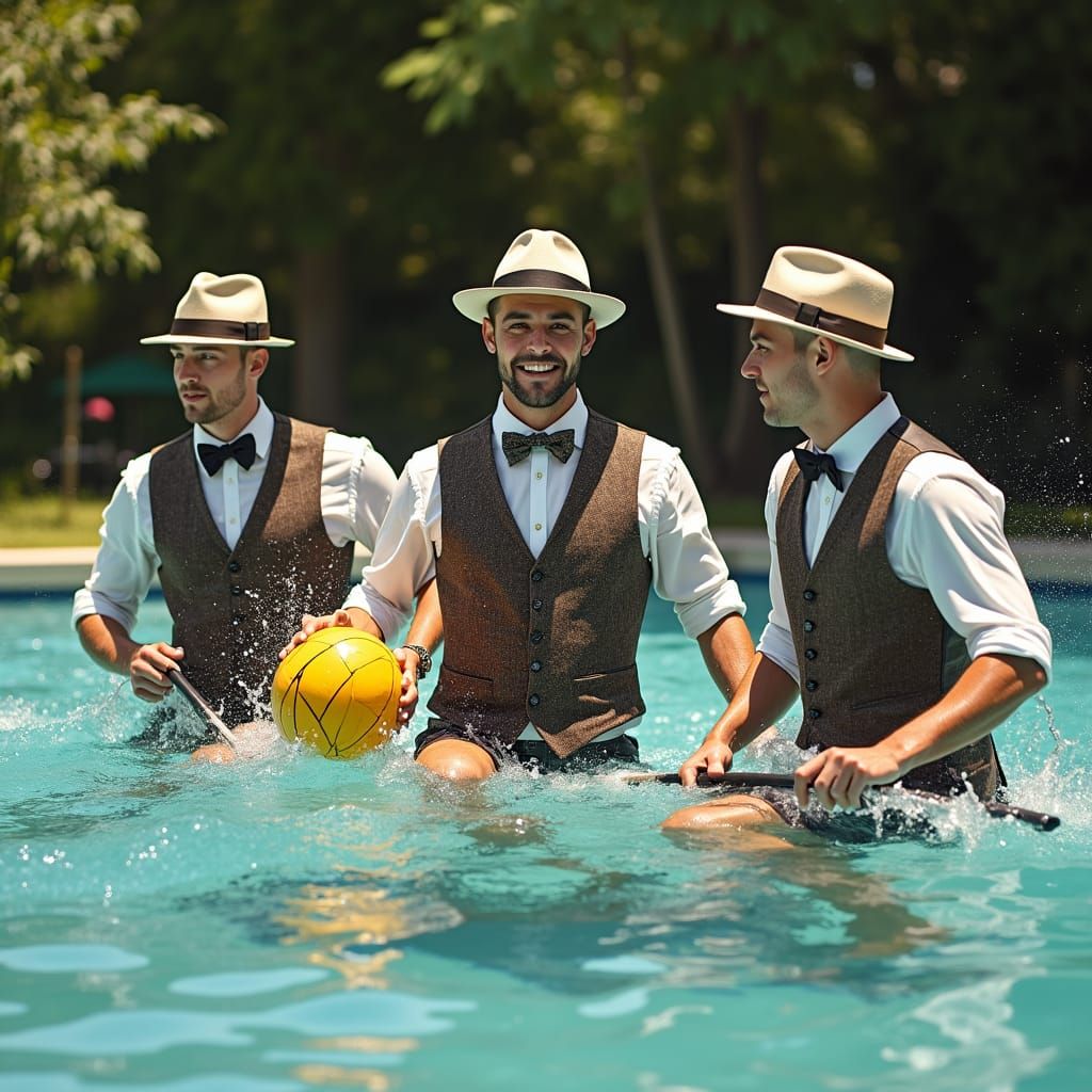 Men in Suits Play Water Polo as Oil Painting