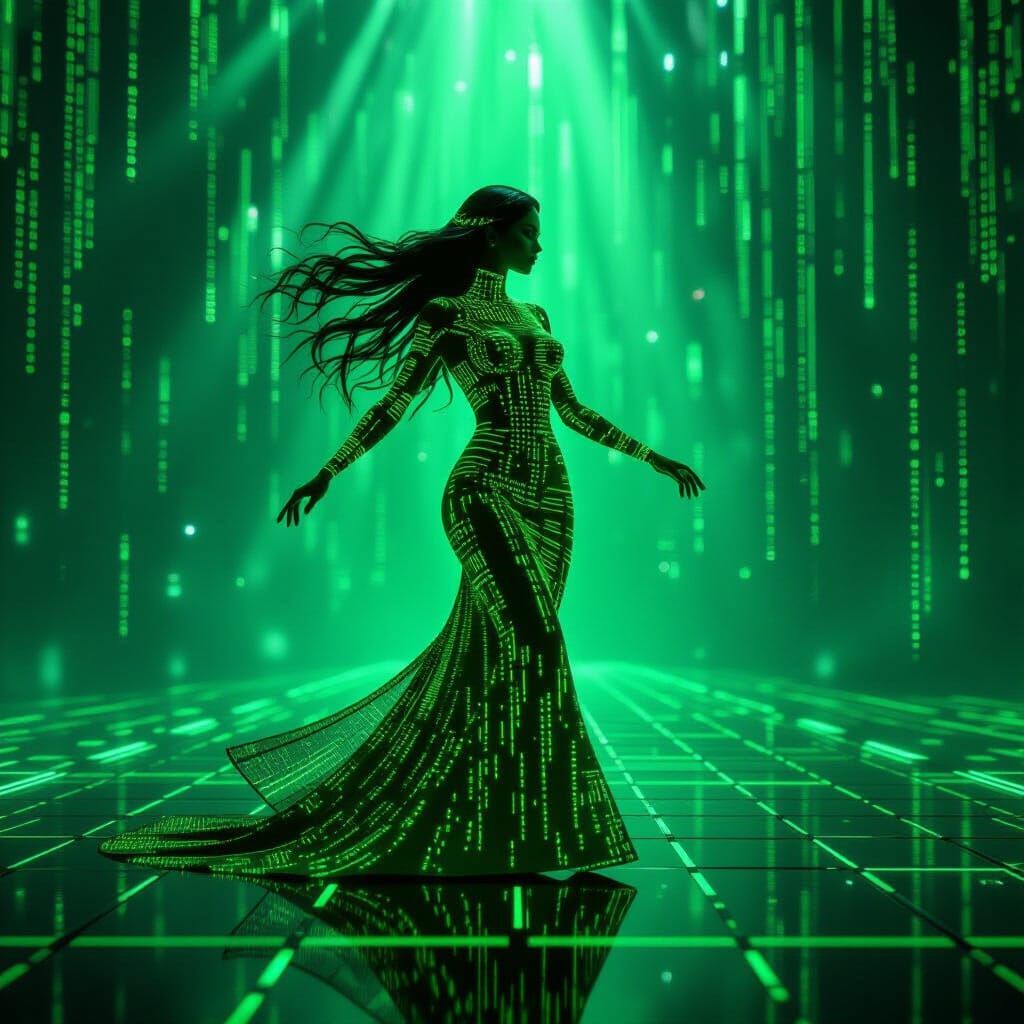 Digital Woman Made of Code Dancing in Matrix