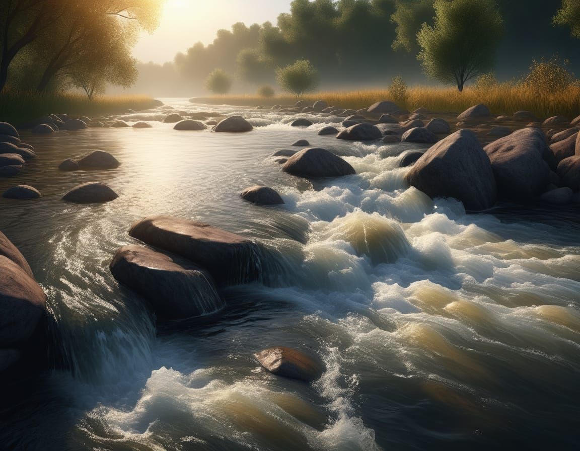 River Flowing with Golden Light: Hyper-Realistic Digital Art