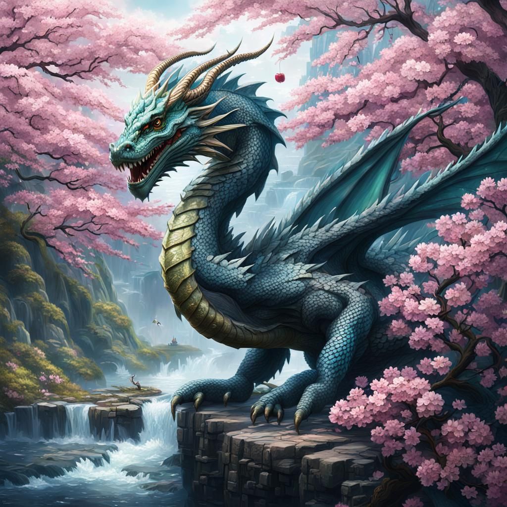 River Dragon with Cherry Blossoms: Digital Matte Painting