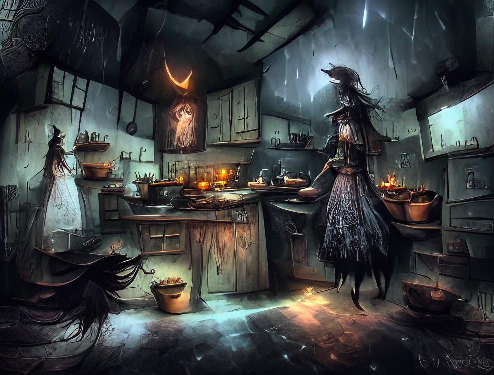 Ominous Witch in Dark Rustic Kitchen Illustration