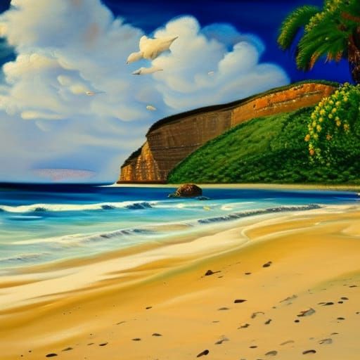 Photorealistic Beach Scene Oil Painting on Canvas