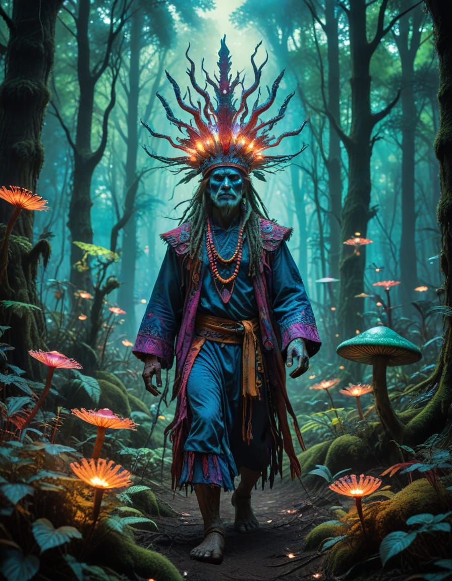 Psychedelic Shaman Guiding Souls Through Alien Forest