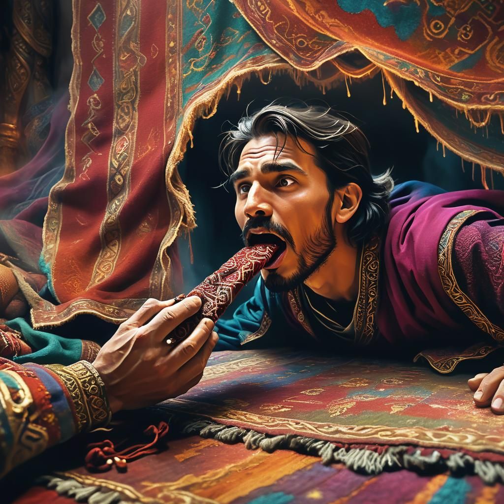 Man Eats Rug in Vibrant Fantasy Art