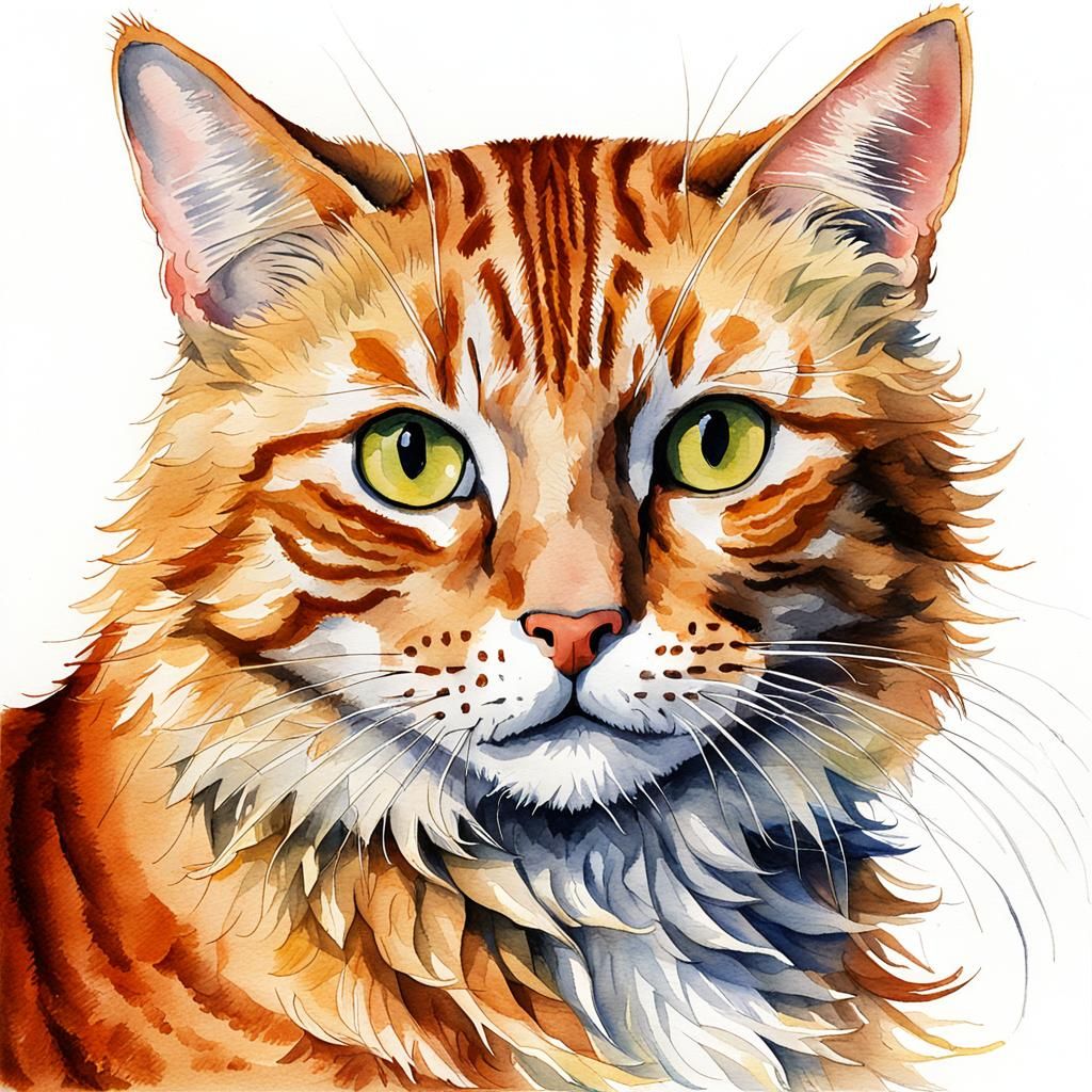 Ginger Cat in Dürer-Style Watercolor