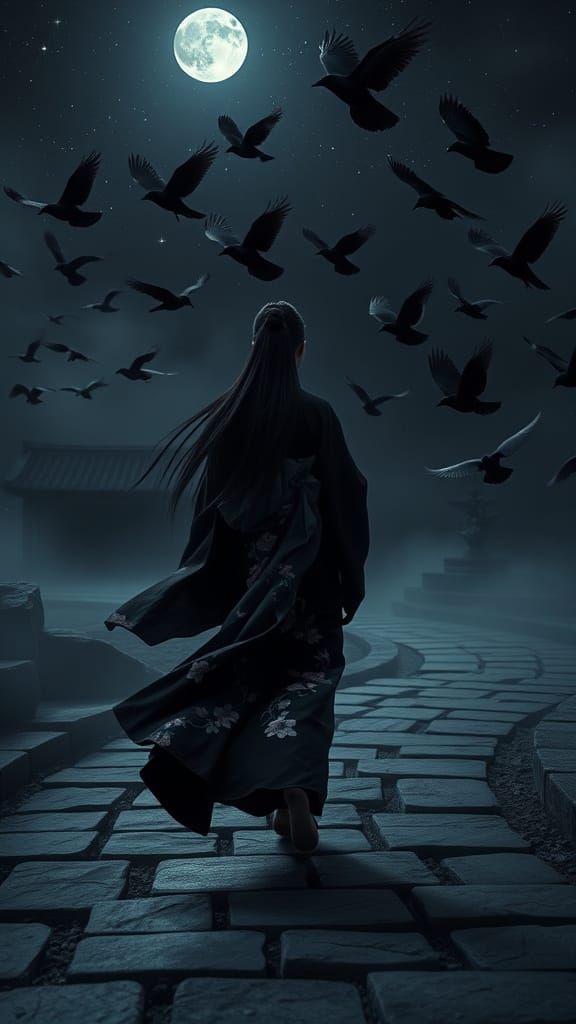 Ethereal Geisha in Dark Stone Garden