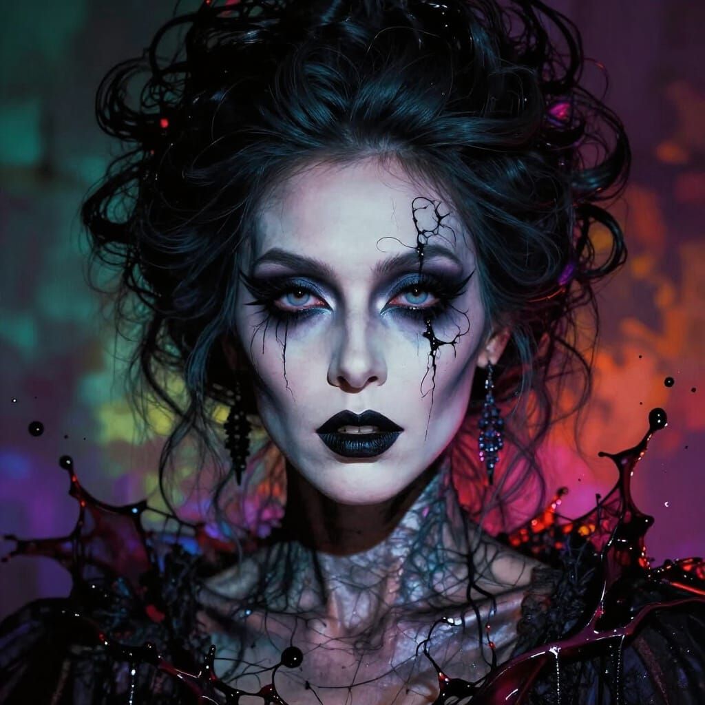 Ancient Sorceress with Dark Makeup Gleaming Menacingly