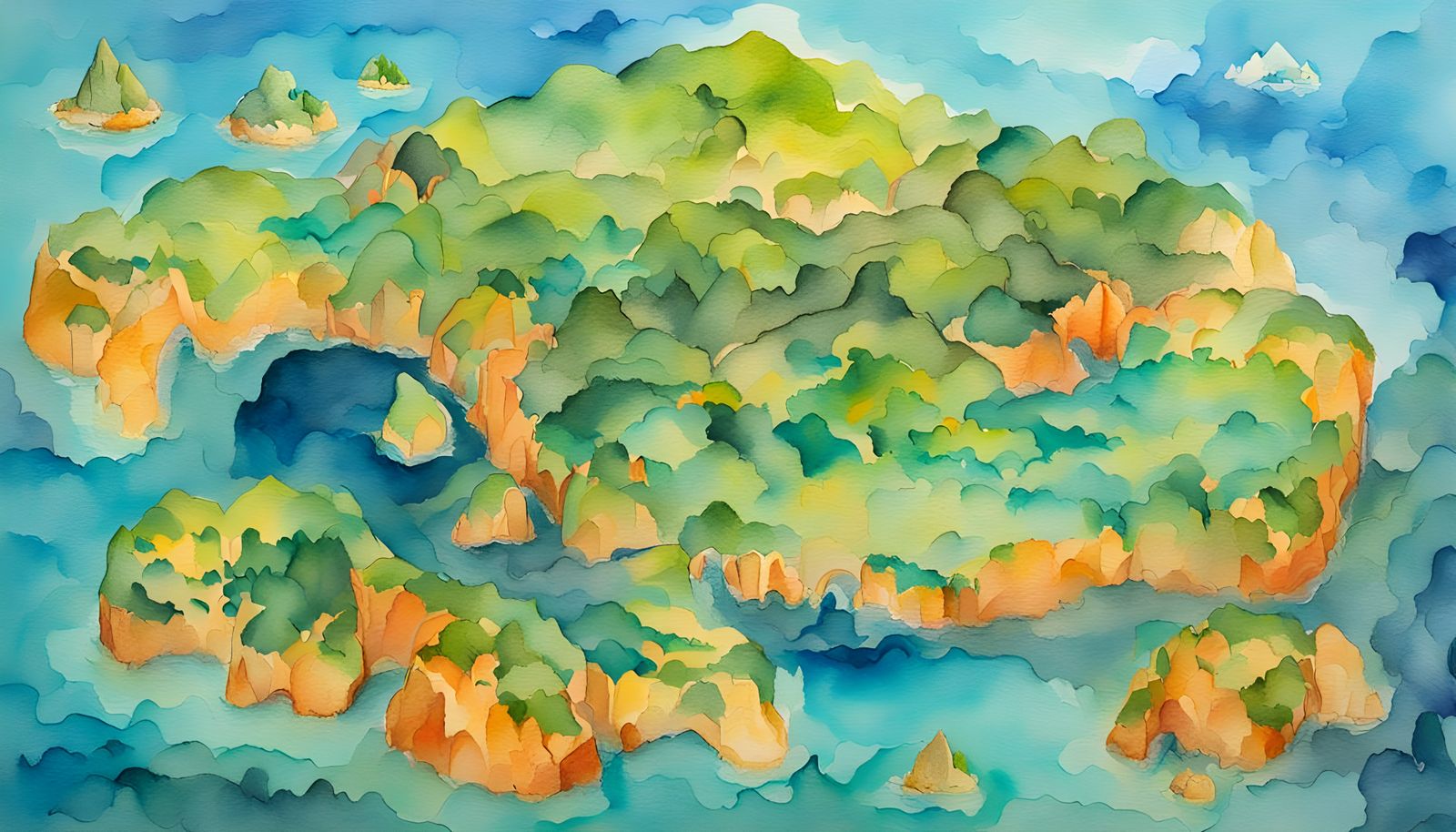 Island Map in Gouache and Watercolor Style