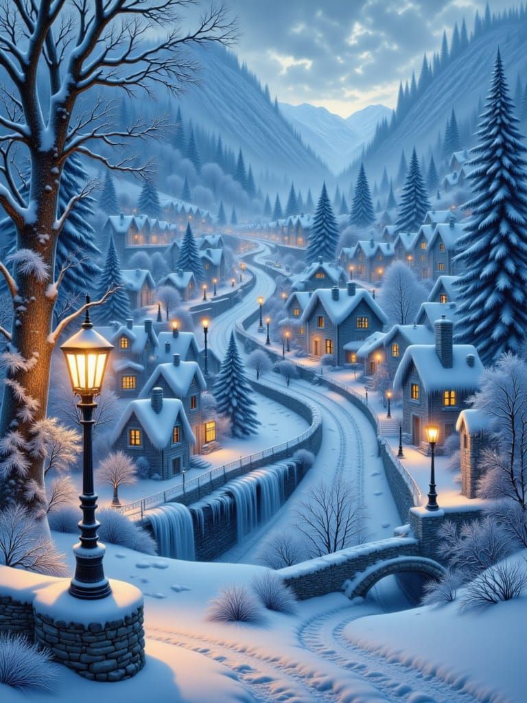 Snowy Village at Dusk with Lamposts and Cottages