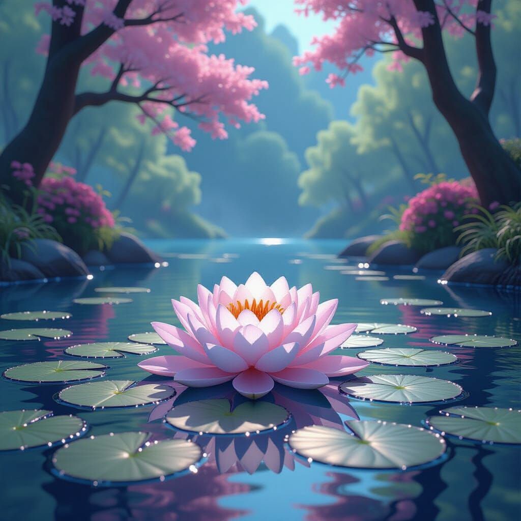 Pink Water Lily on Lake in Dark Fantasy Style