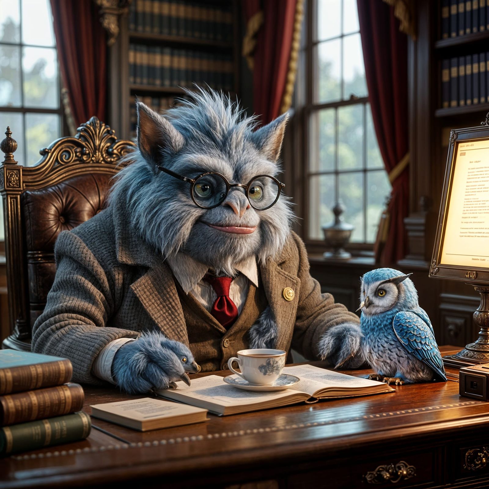 Elderly Wumpus Peers at Owl Eating Biscuit