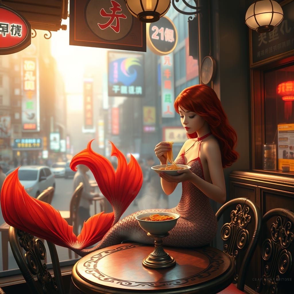 Mermaid Savoring Spicy Noodles in Hong Kong's Bustling Kowlo...