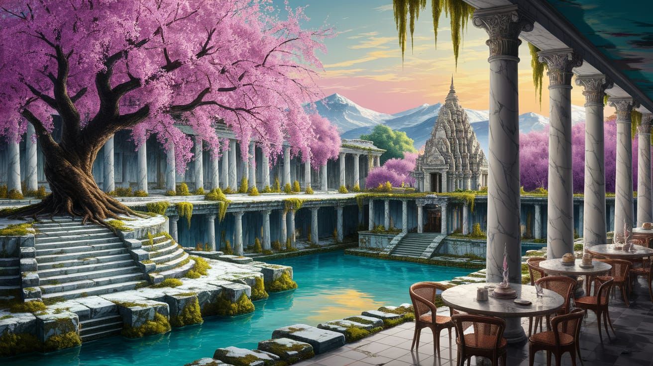 Impressionist Cafe Scene With Cherry Blossoms At Sunset