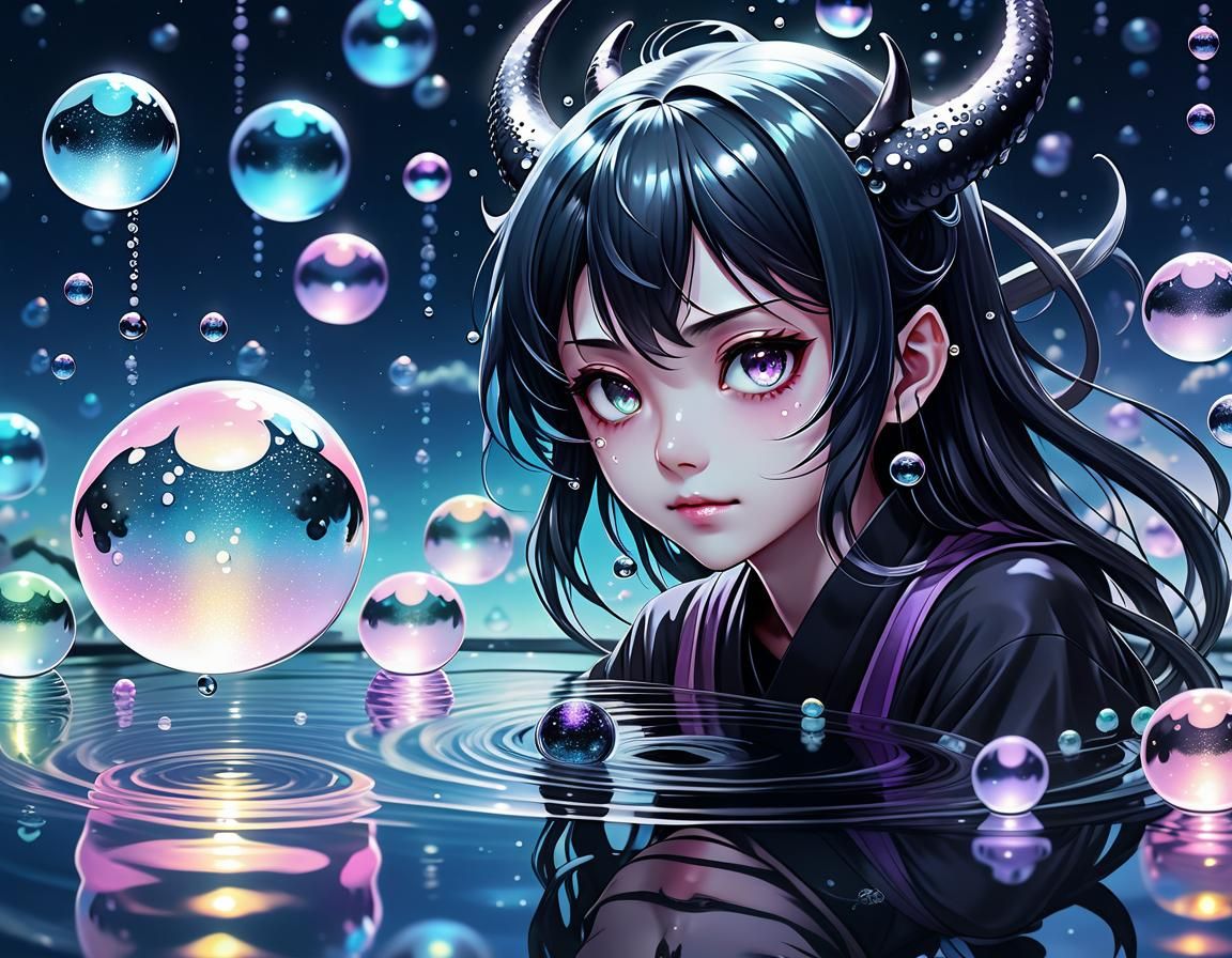 Anime Demoness in Glass Orbs Under Night Sky