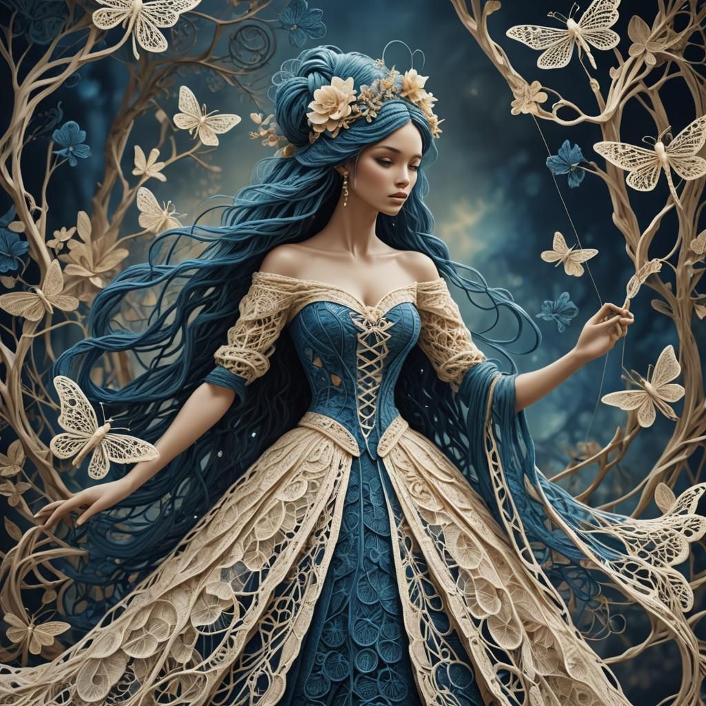 Yarn Art: Woman with Dragonfly in Silk Filigree Style