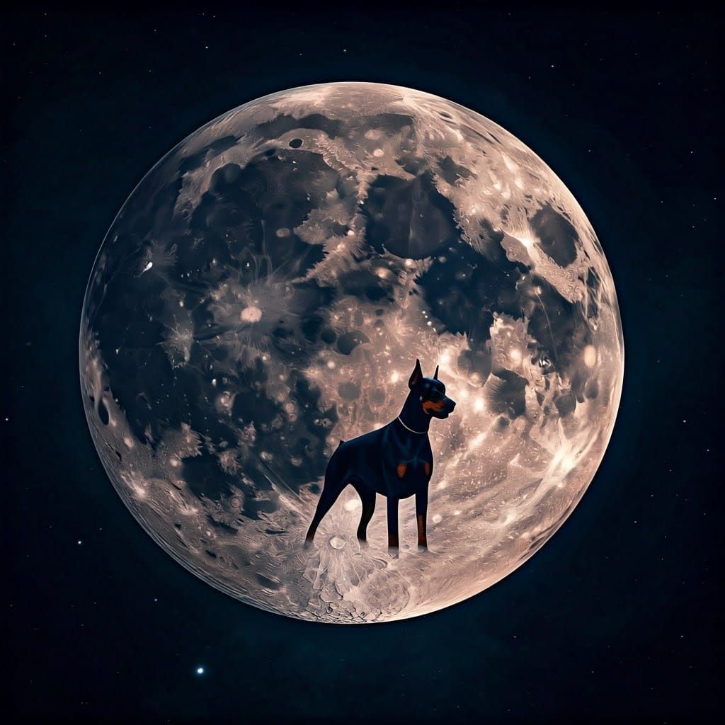 Dobermann Silhouette on the Moon in Hyperrealistic Style