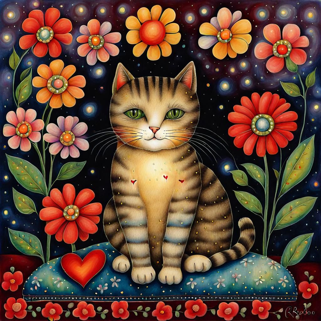Cat with Flowers in Boulanger Style