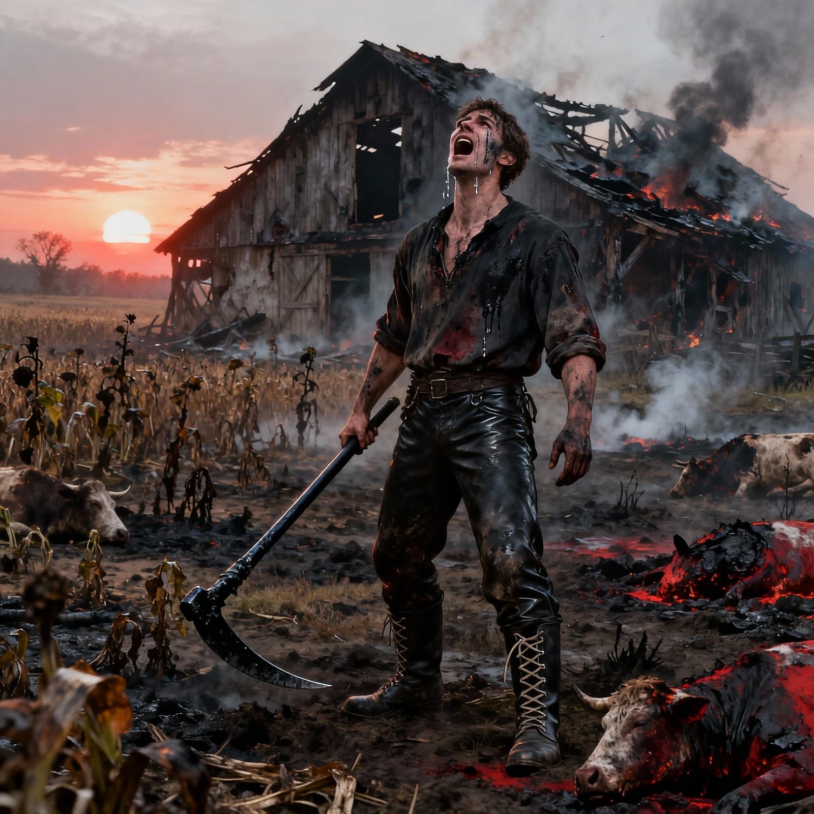 Farmer's Anguish Amidst Farm Ruins in Dark Fantasy Style