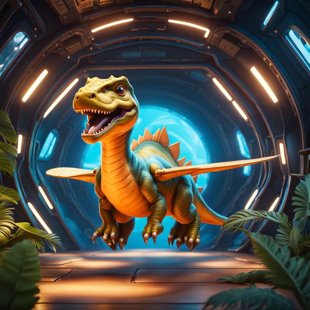 Dinosaur Pilot Soaring Through Space as Digital Art