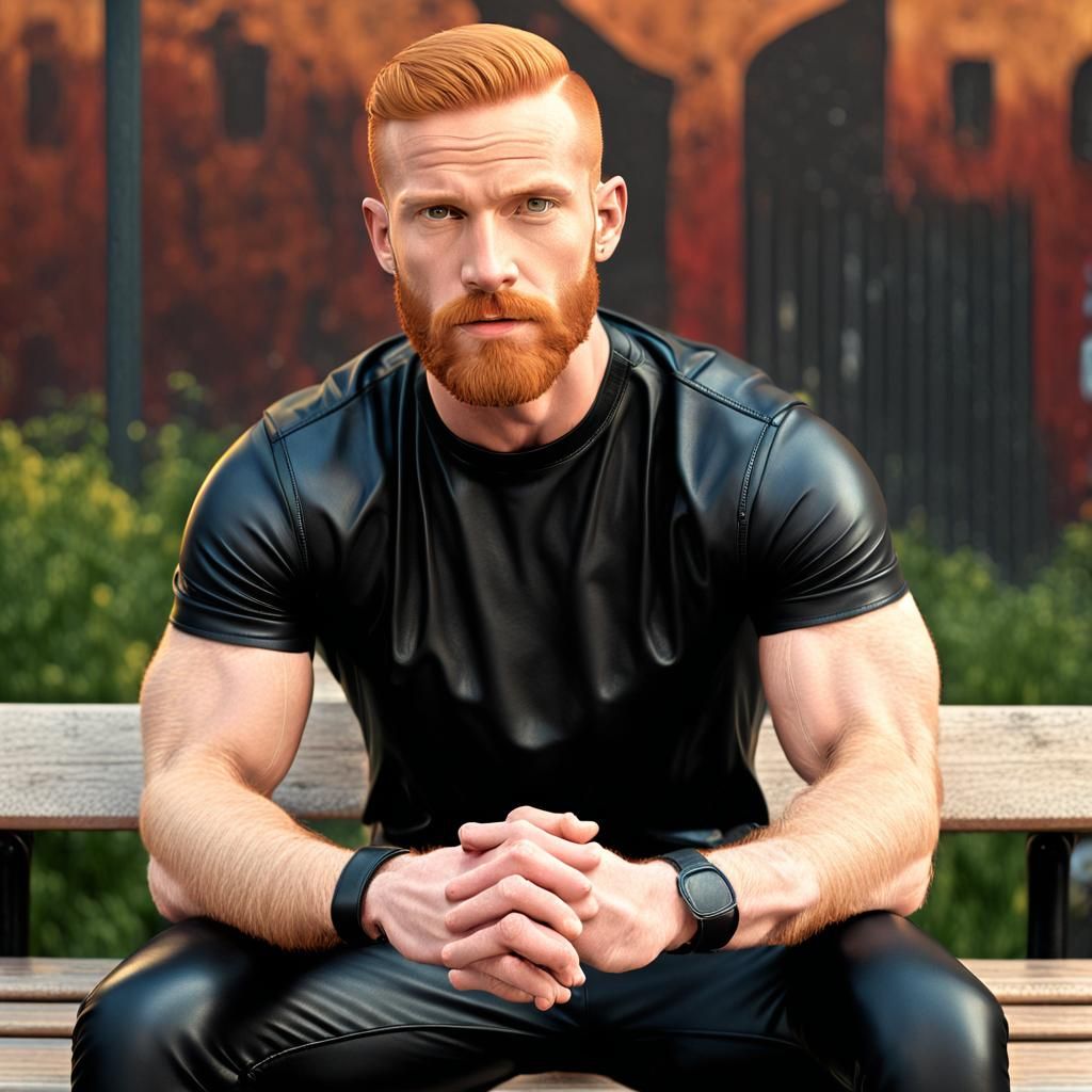 Ginger Man in Leather on Bench: Hyperrealistic Art