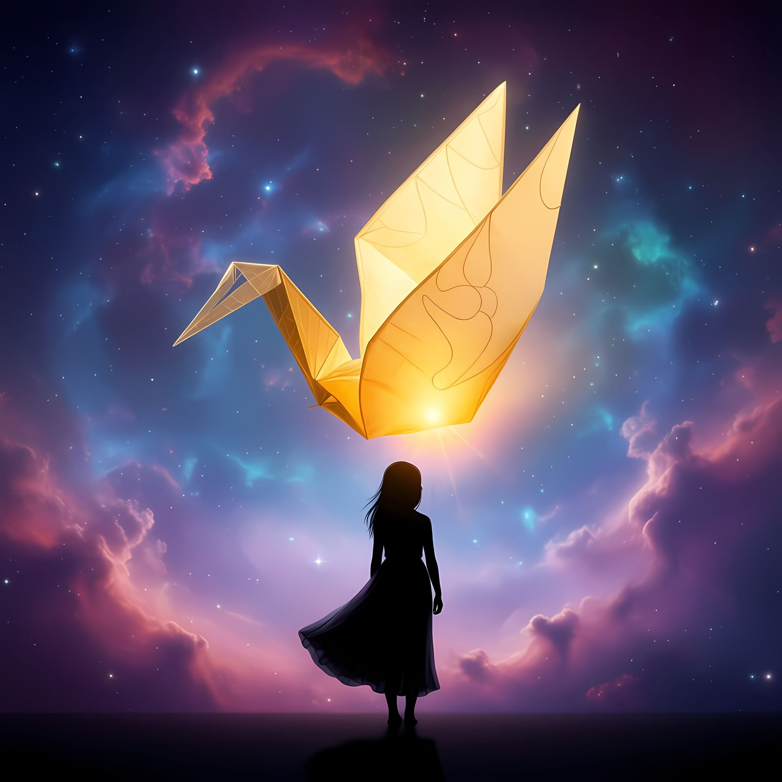 Glowing Paper Crane Ascends into Nebula
