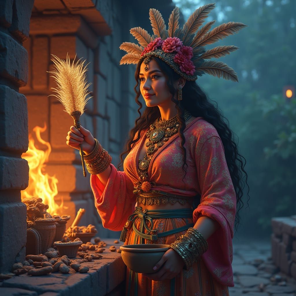 Aztec Goddess Chantico: Warm, Detailed Matte Painting