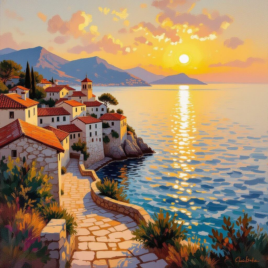 Golden Hour Coastal Village Oil Painting