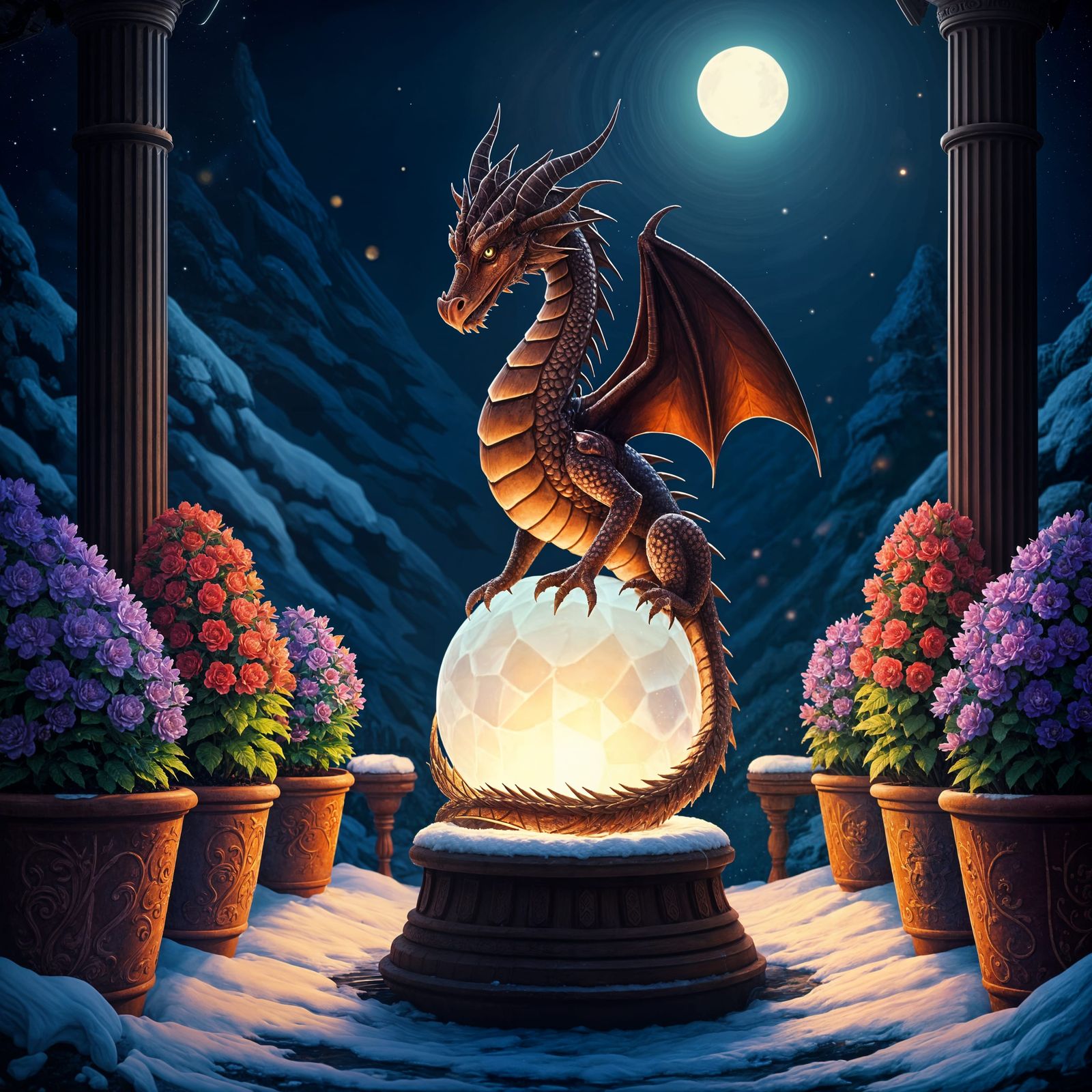 Copper Dragon Lamp on a Winter Veranda